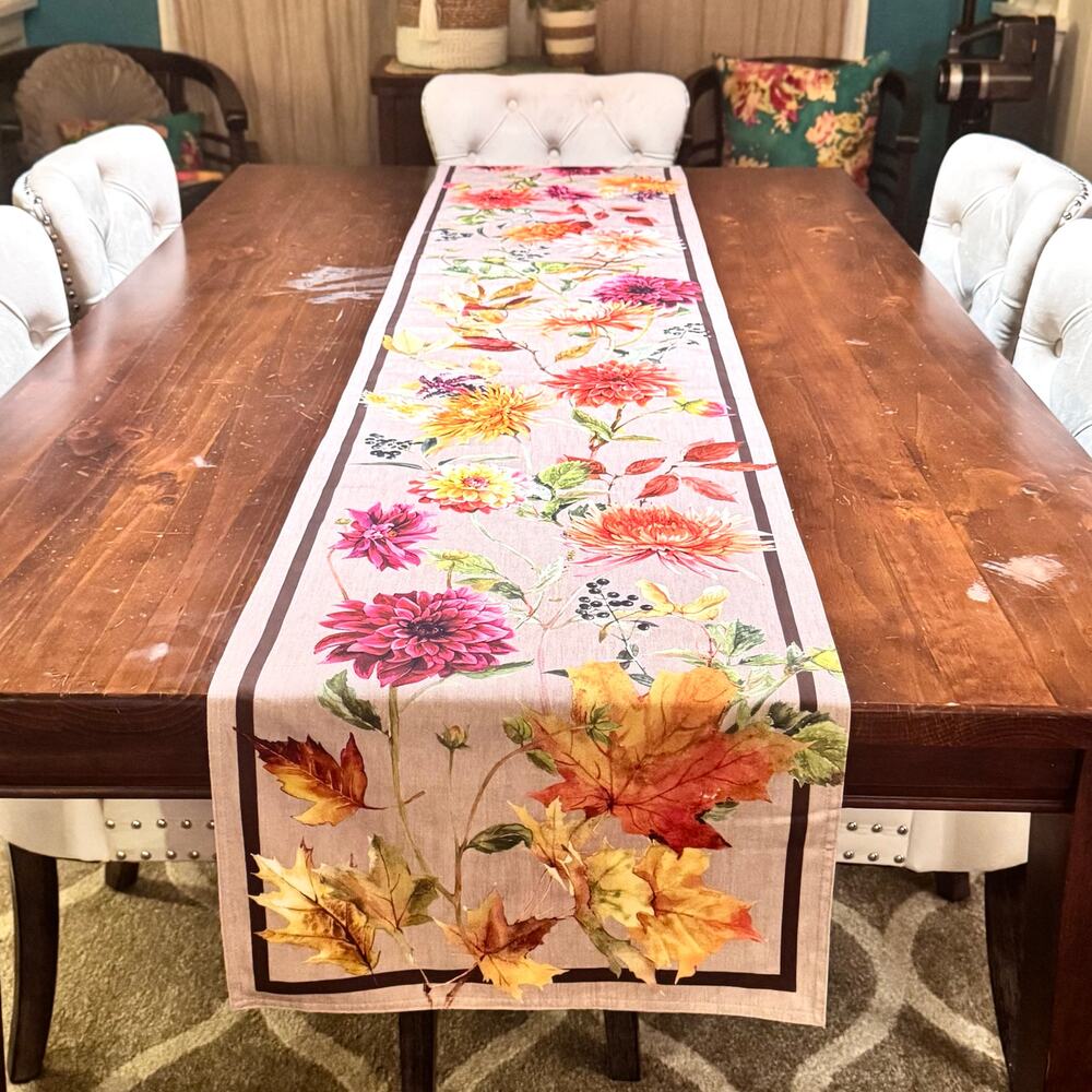 Williams Sonoma Harvest Blooms Cotton Table Runner Floral Botanical 108” x 16”